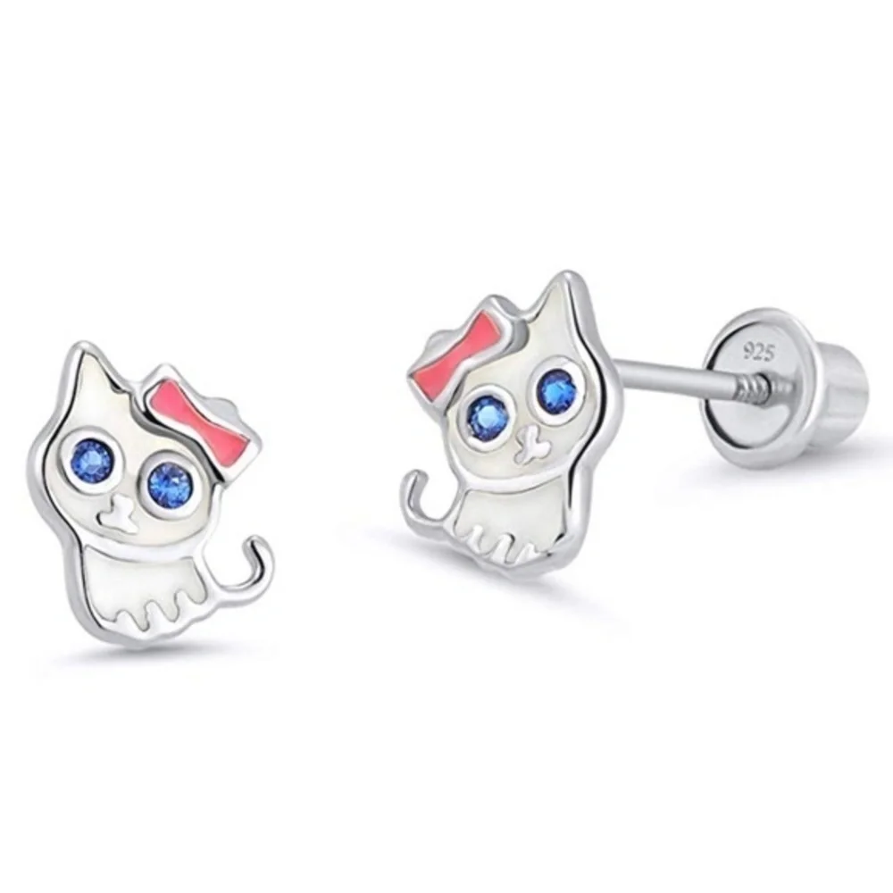Sterling Silver Enamel Cat Kitten Stud Earrings